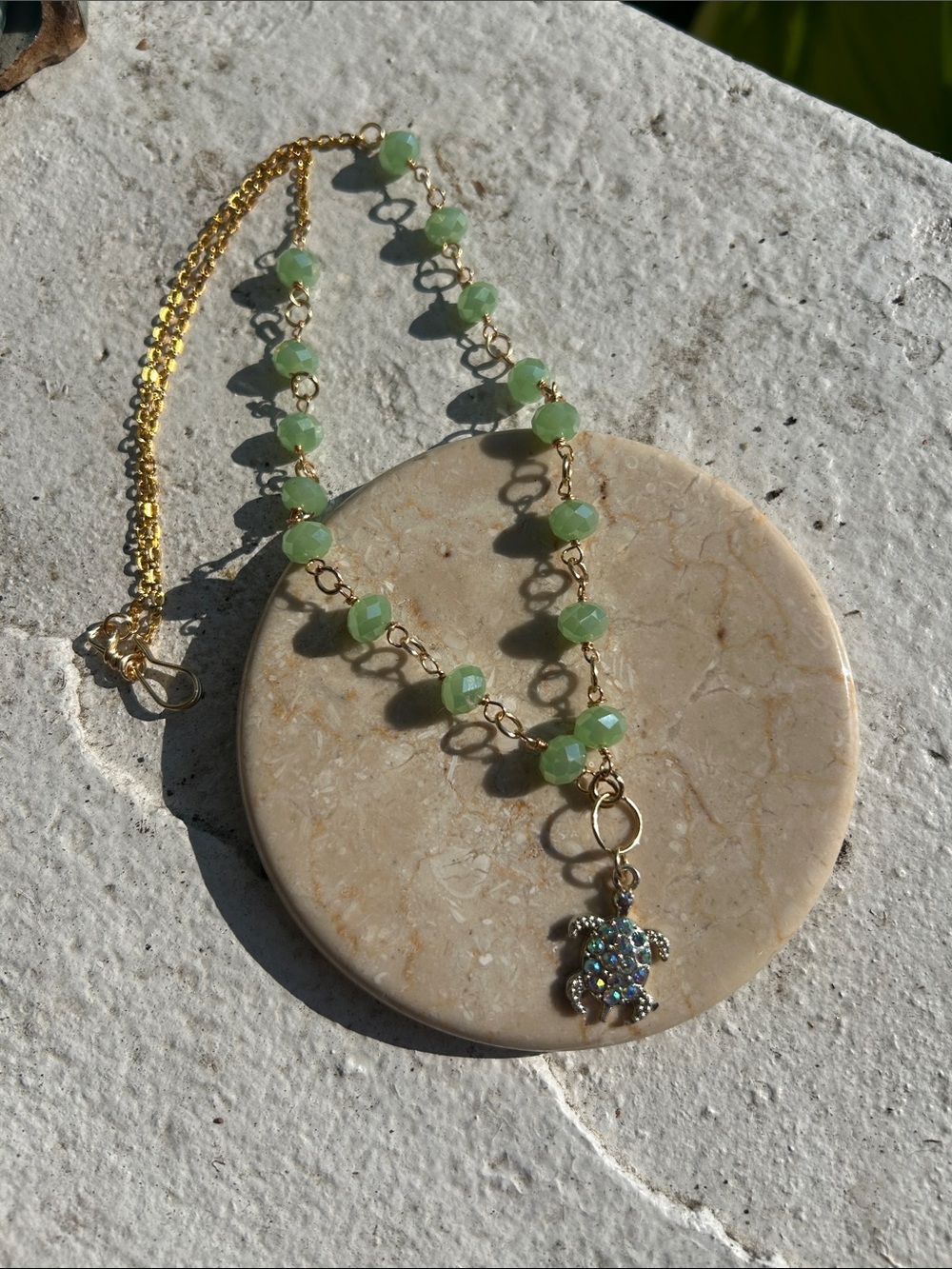 Artisan wire wrapped beaded Necklace with Mint Green Beads bling Turtle Pendant